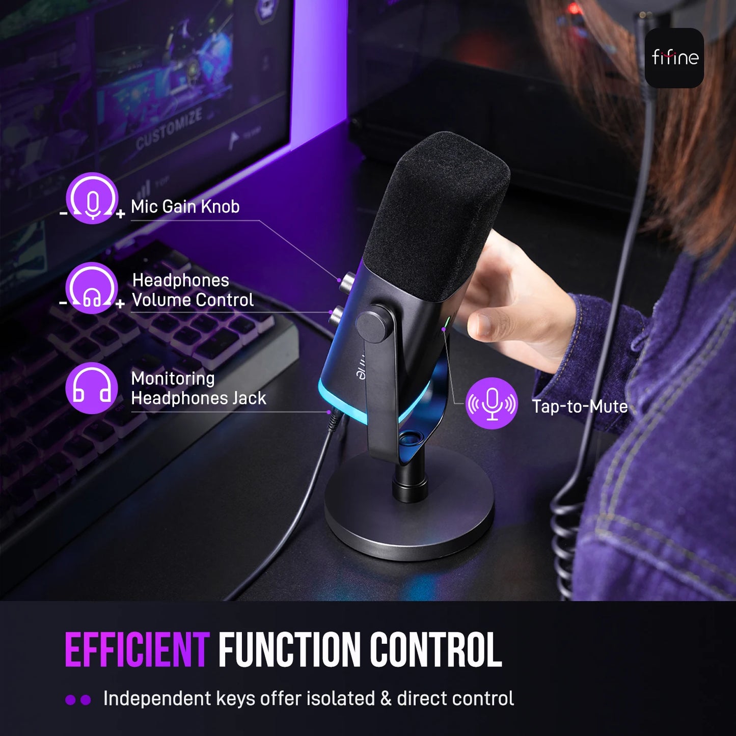 USB/XLR Dynamic Microphone with RGB Control/Headphone Jack/Mute,Mic for PC Gaming Recording Streaming Ampligame-Am8